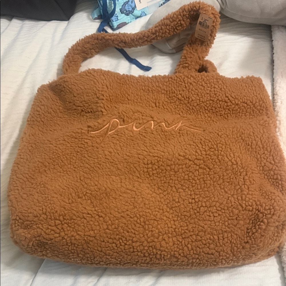 PINK Victoria's Secret Plush Teddy Tote in Camel Brown